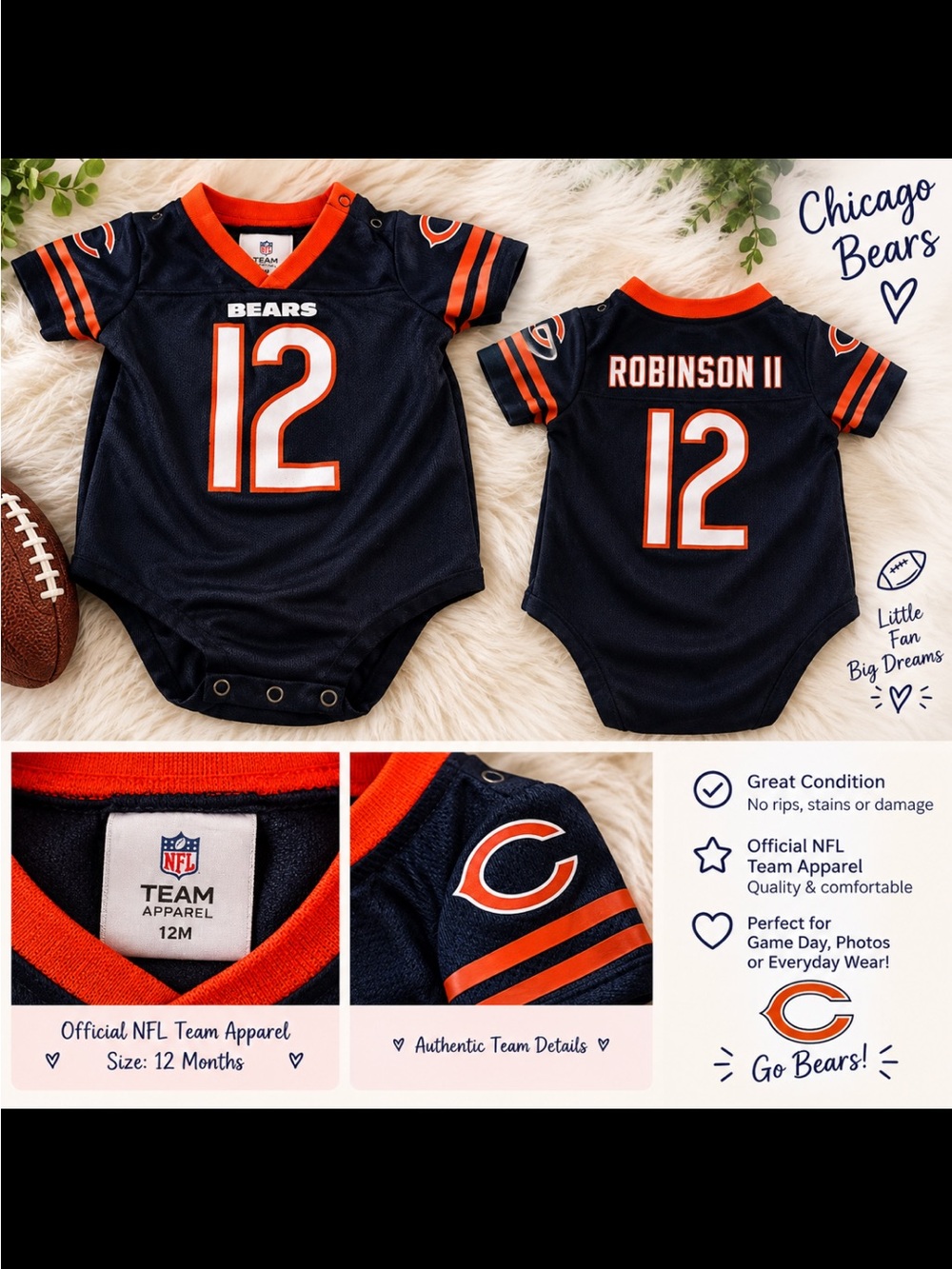 Team Apparel Chicago Bears Navy & Orange Infant Jersey Bodysuit #12